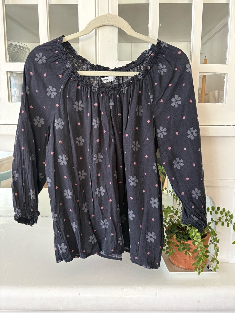 Sonoma Black Floral Peasant Top with Pink Accents